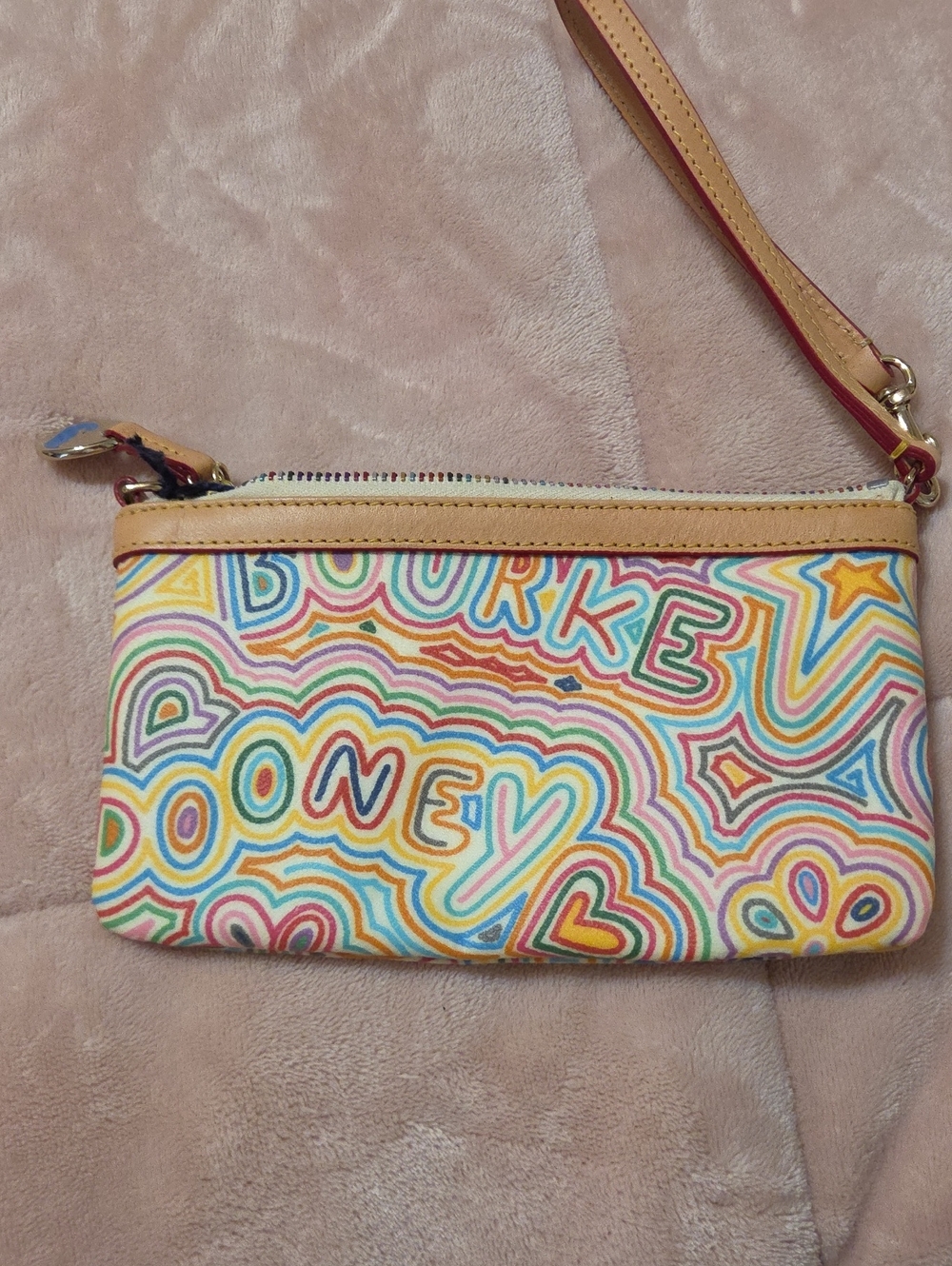 Dooney & Bourke Multicolor Psychedelic Doodle Wristlet Tan Trim Y2k Vintage Nwt